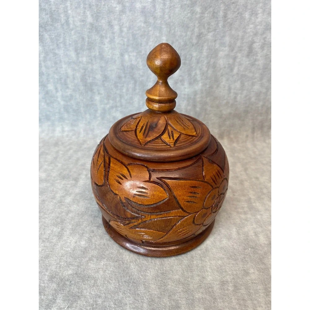 Round Hand Carved Wood Container With Lid‎ Floral Design Decorative Trinket Box